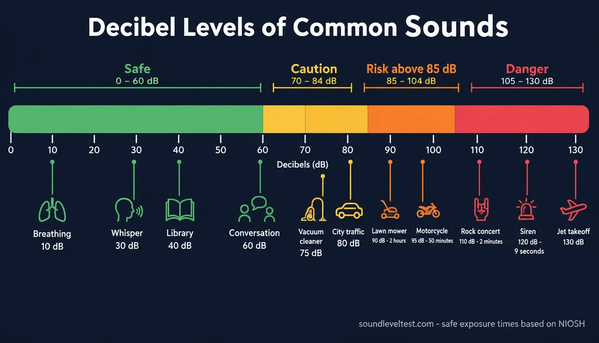 Decibel chart comparing everyday sounds from 0 to 130 dB, colour coded into safe, caution, risk and danger bands with NIOSH safe exposure times